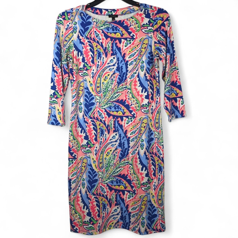 Talbots Women M Stretch Nylon Shift Dress Boat Neck 3/4 Sleeve Button Detail